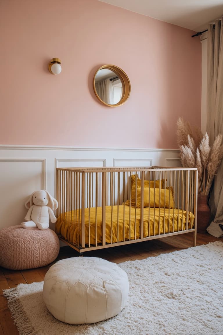 chambre bébé lit bois linge moutarde murs roses déco couleur cumin