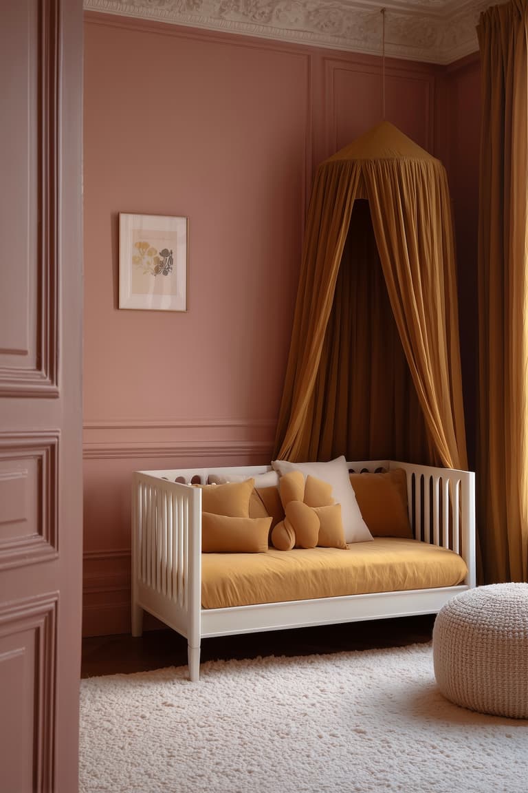 chambre bébé moderne parisienne murs roses lit baldaquin textile moutarde