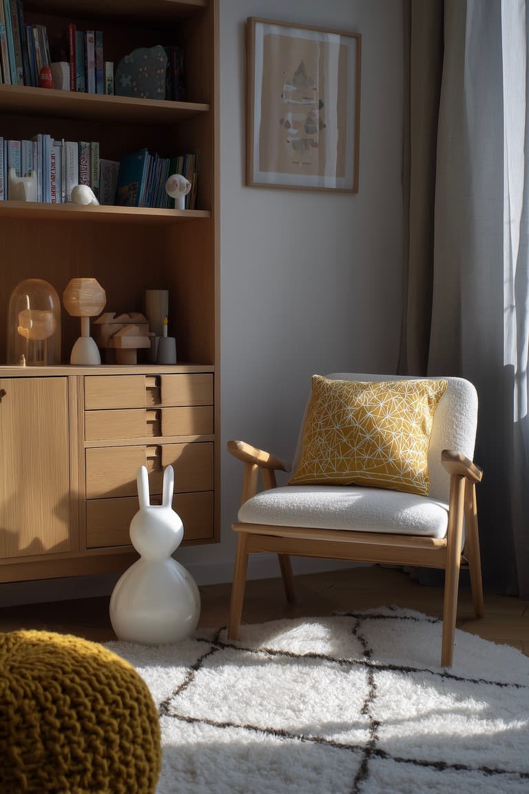 Coin lecture chambre enfant fauteuil retro bois