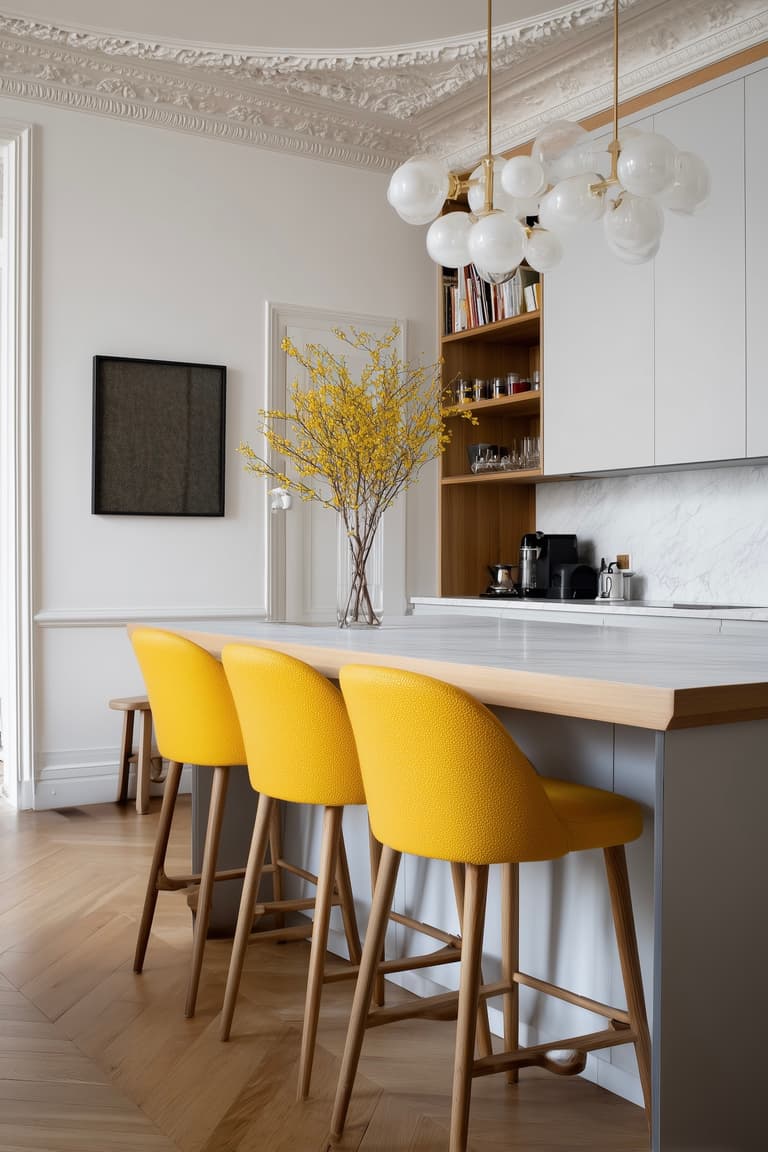 cuisine moderne parisienne plan de travail marbre chaises hautes jaunes