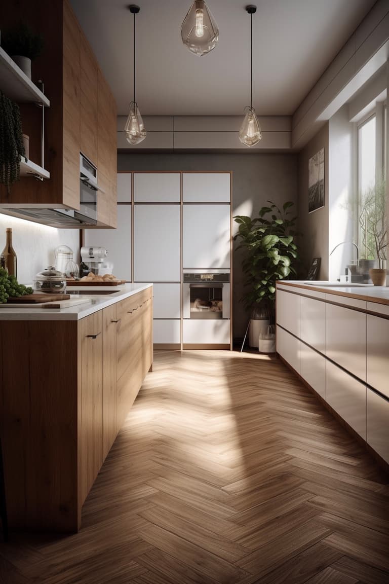 cuisine déco parisienne parquet chevron chêne massif