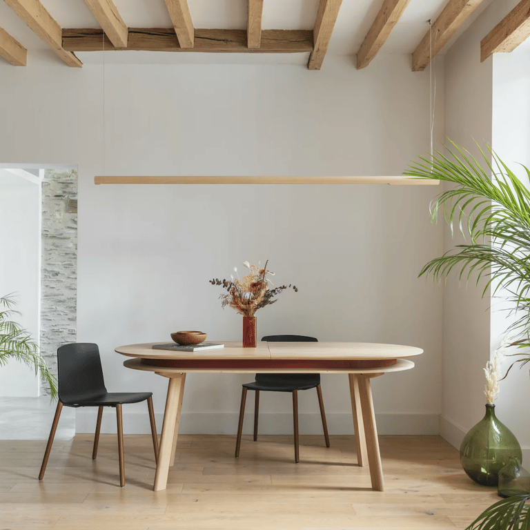 salon poutre en bois apparente chaise plante verte