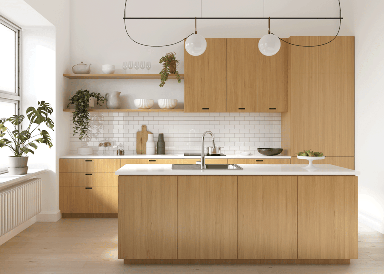cuisine ouverte bois marron blanc etagere deco naturelle epuree