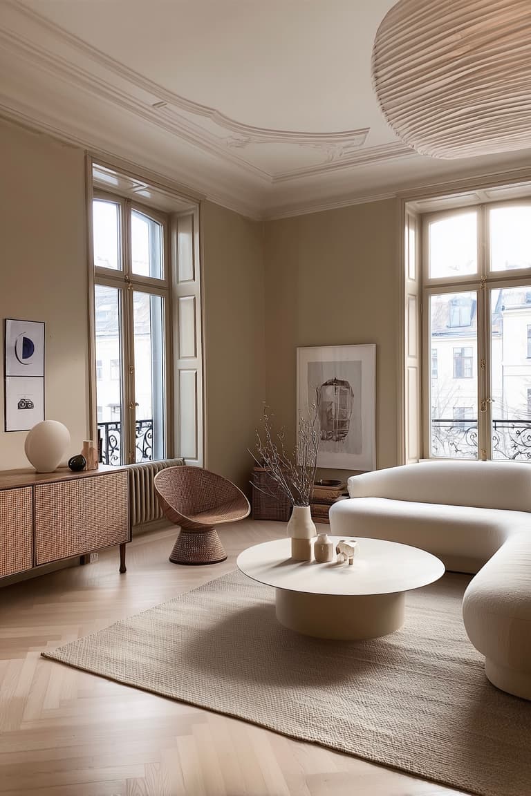 séjour beige blanc meuble chaise table bois