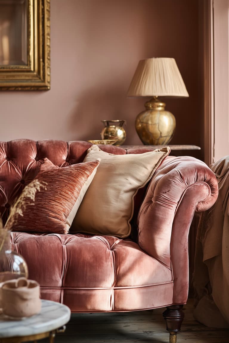 idée agencement salon canapé Art Déco velours rose laiton