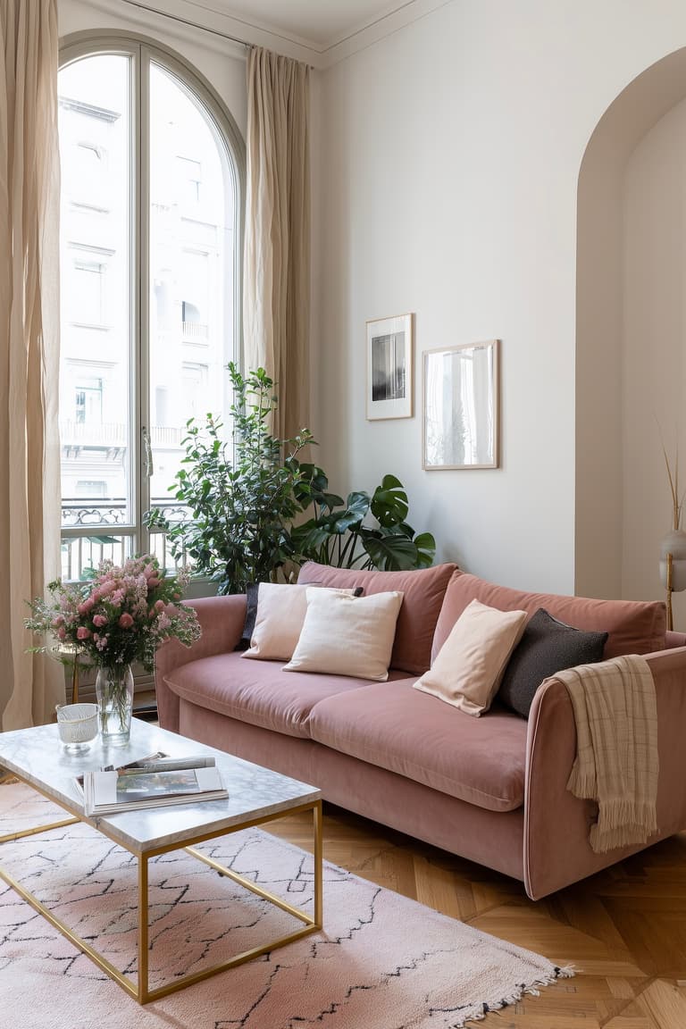 idées déco salon rose canapé velours