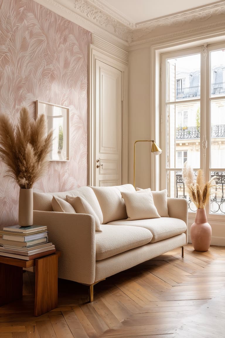 séjour parisien papier-peint rétro motif feuille rose