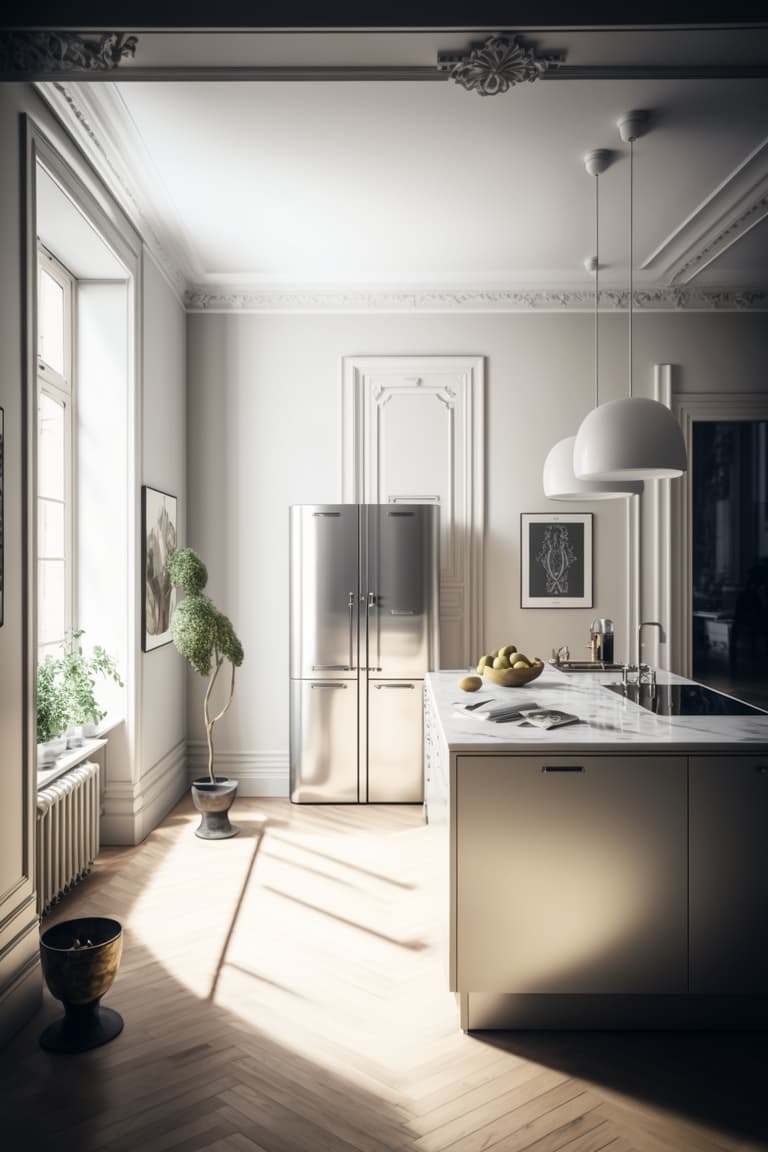 Cuisine parisienne frigo américain double porte inox blancheCuisine parisienne frigo américain double porte inox blanche