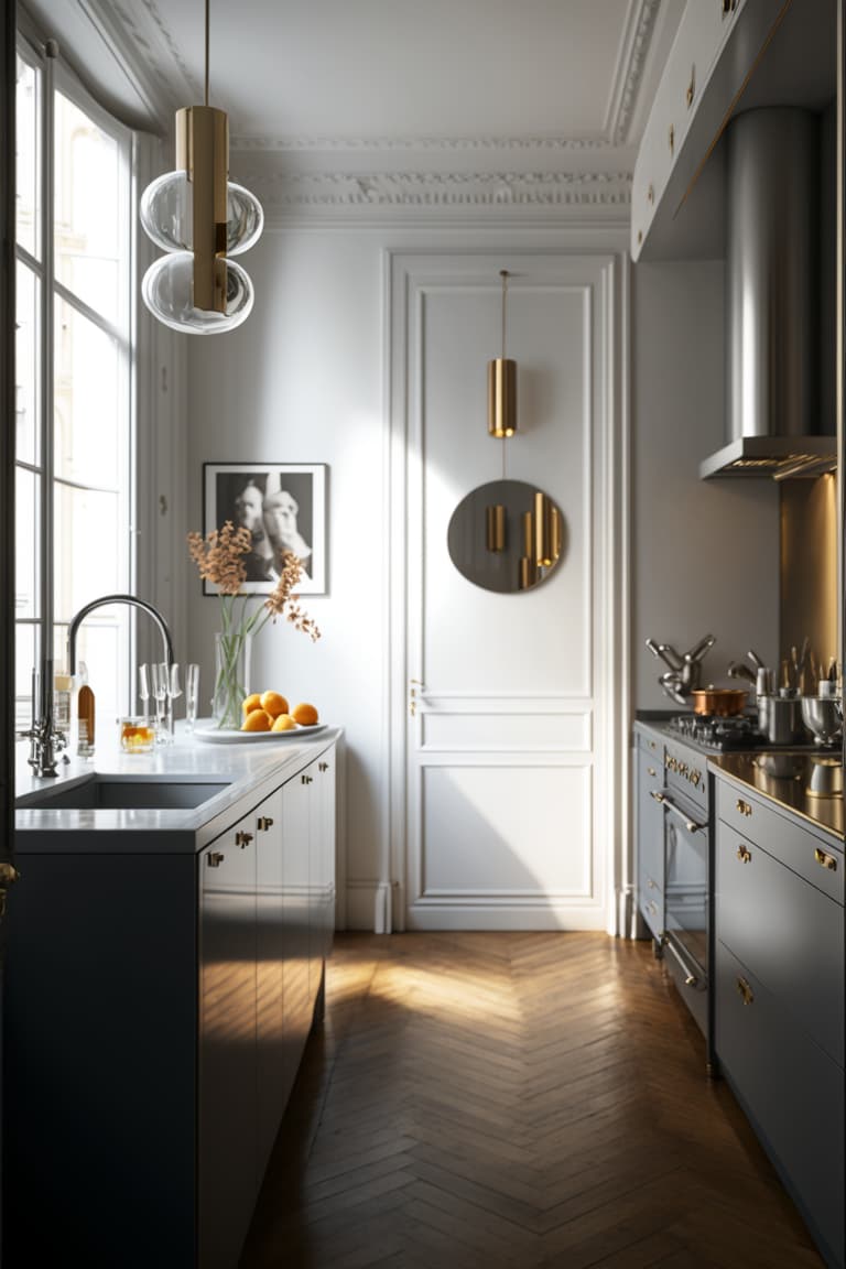 cuisine plan de travail inox couloir double i