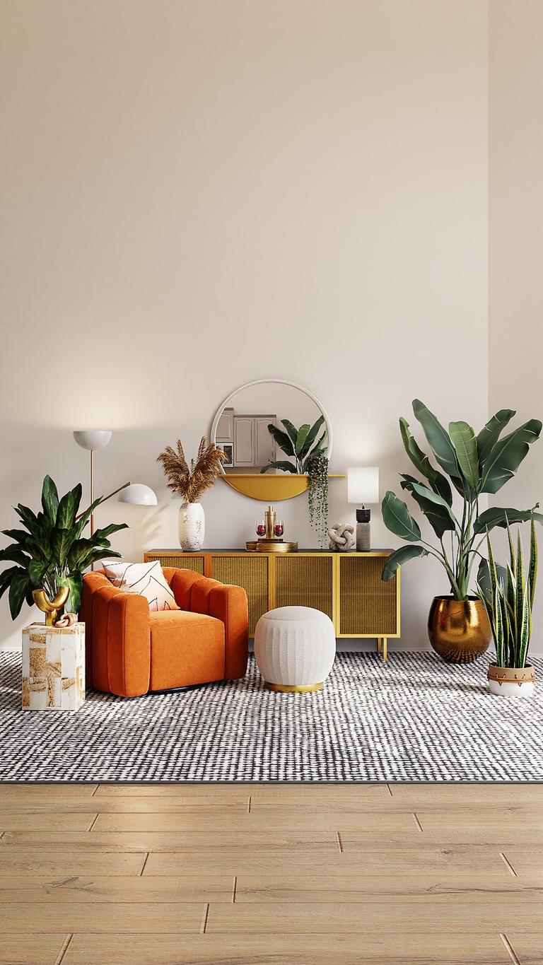 bois décoration intérieure 60s moderne fauteuil rond orange