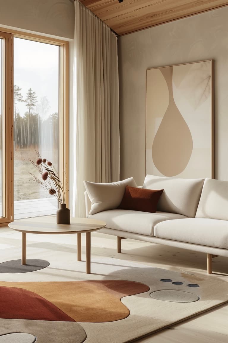 Salon minimaliste meubles sculpturaux art abstrait tapis tons terre