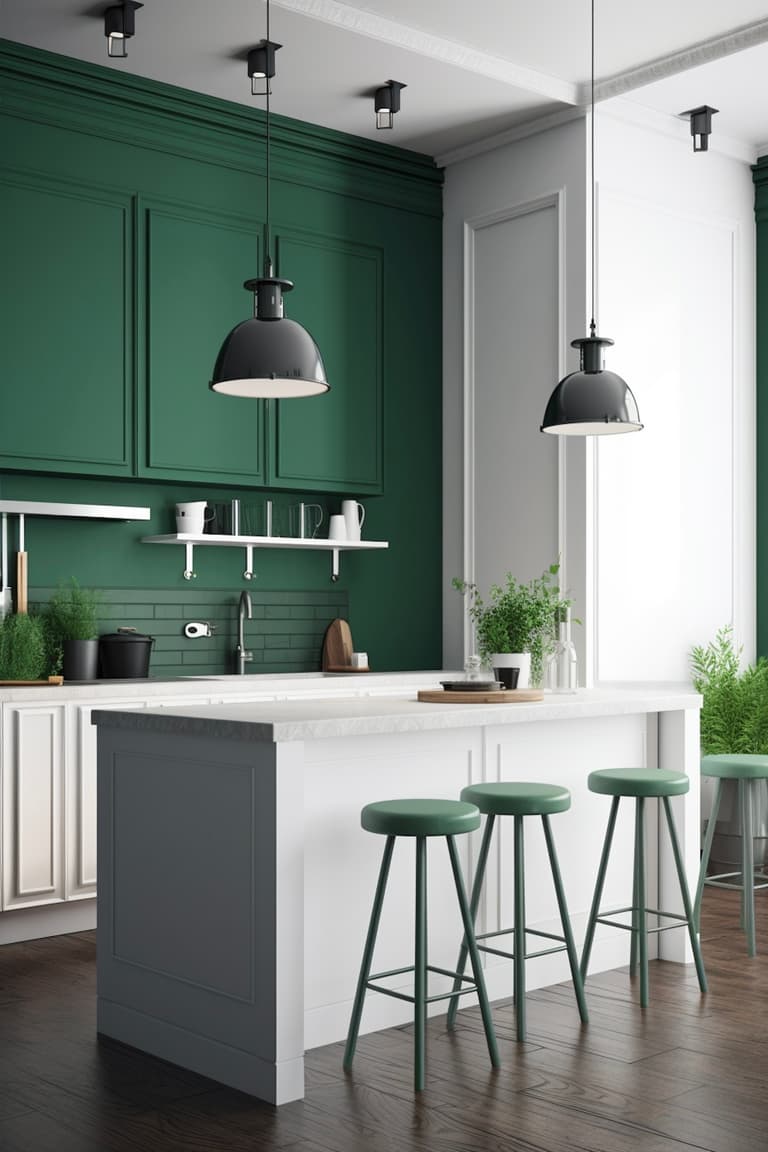 cuisine ouverte bicolore avec ilot central marbre gris