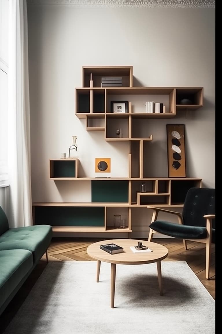 séjour déco vert foncé bibliothèque graphique bois