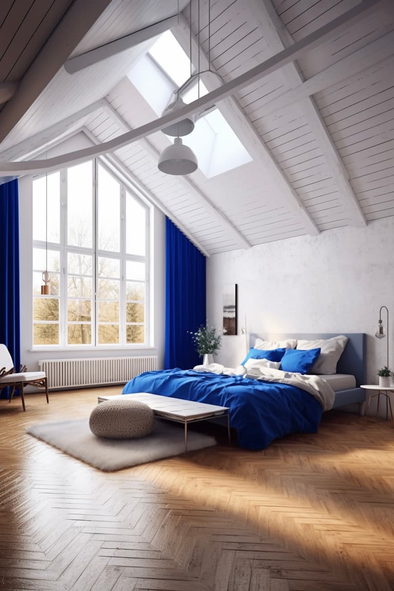 chambre blanche déco bleu klein bois charpente lumineuse