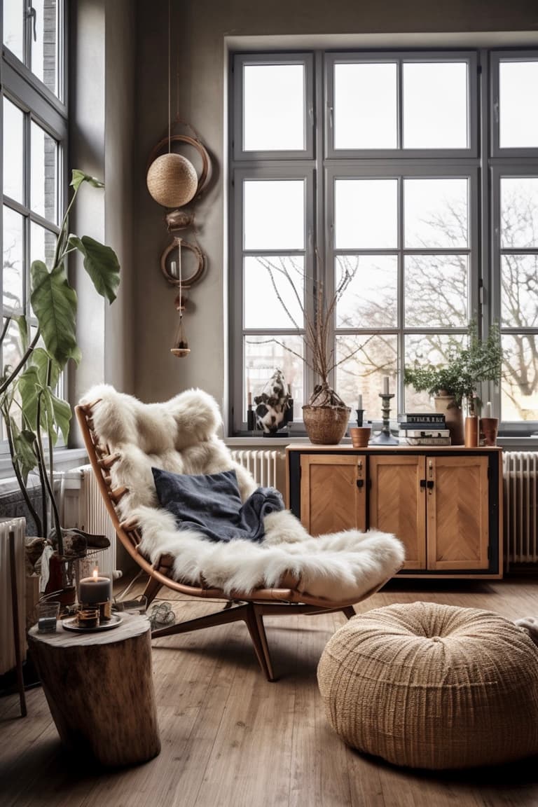 coin lecture cosy scandinave bohème fauteuil rotin