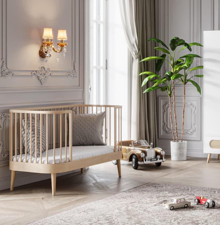 lit evolutif berceau bois marron clair chambre enfant lumineuse