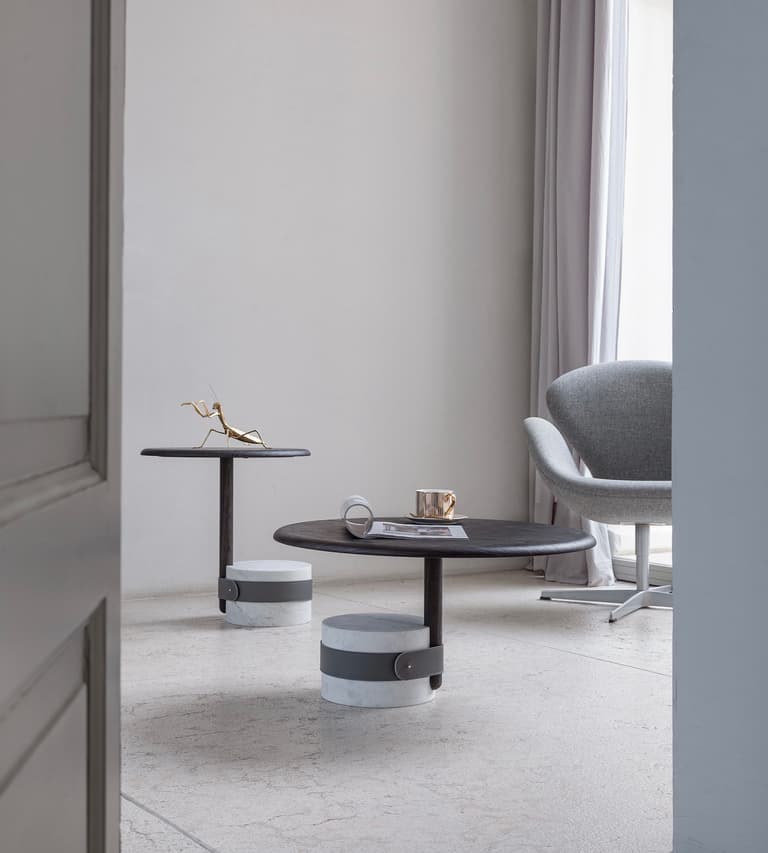 Morica table basse marbre bois cuir originale