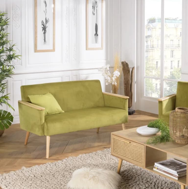 canape vert velours parquet tapis deco salon