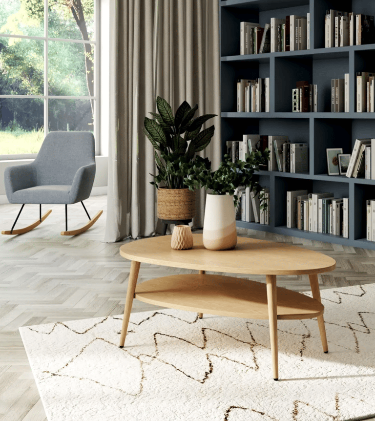salon moderne tapis blanc noir table basse ovale bois etagere livre bleu