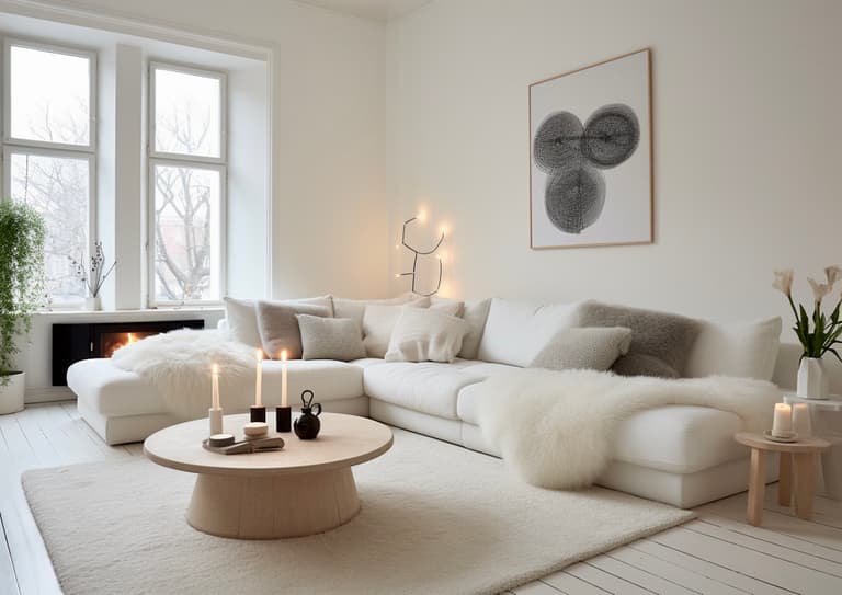 salon cocooning blanc tapis moumoute nuance beige relaxant