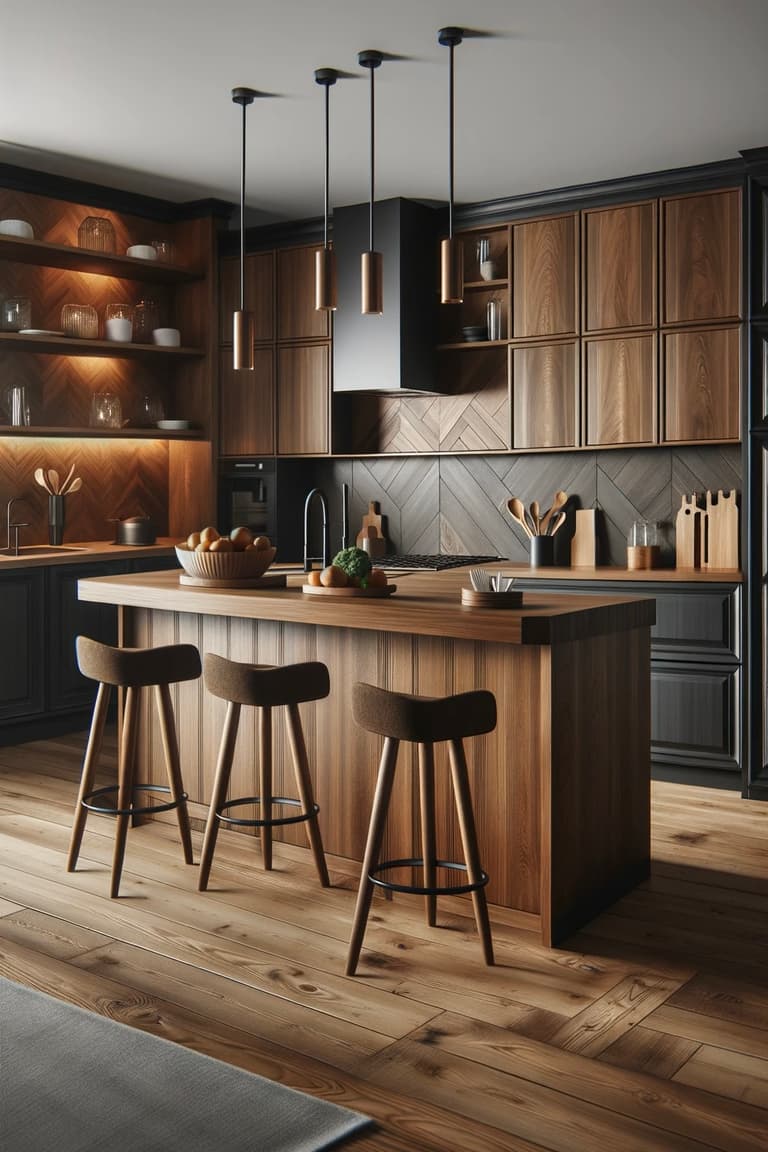 tendance déco 2024 cuisine bois foncé acajou noir