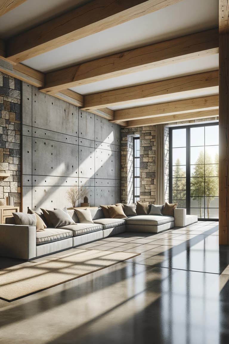 tendance déco 2024 mélange matière brut salon bois béton pierre