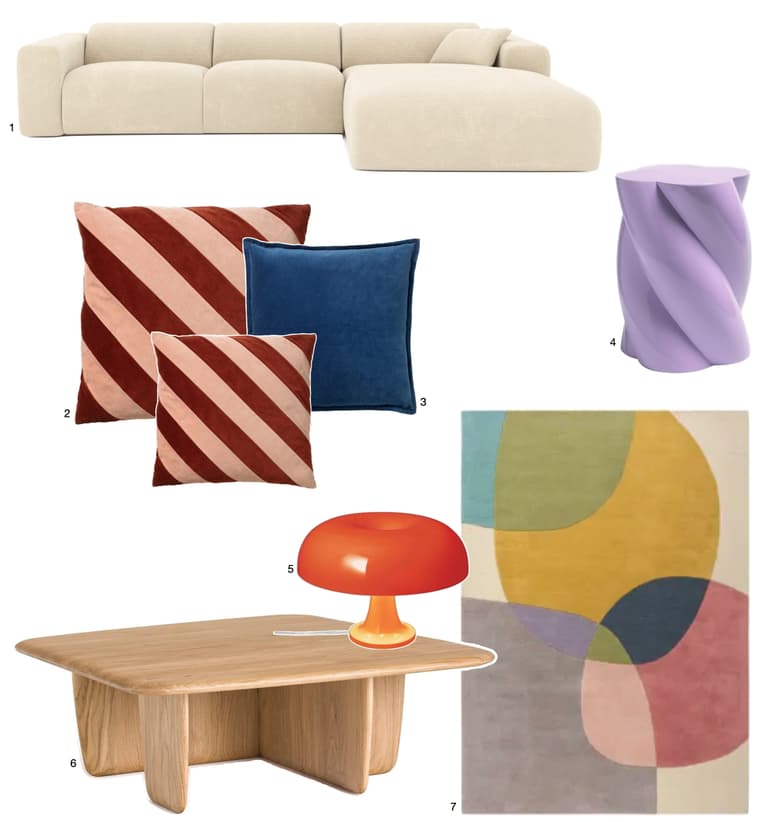deco hej_colourful.home  canapé velours tapis géométrique lampe champignon