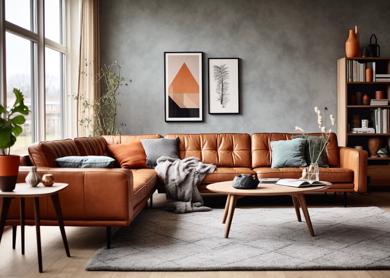 petit salon avec canapé angle cuir chesterfield marron rétro