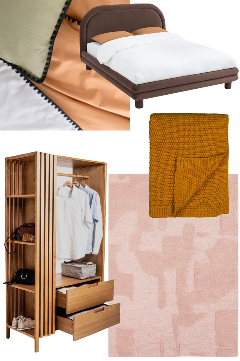 Chambre néo-rétro chaleureuse avec linge de lit coloré, bois et textiles superposés