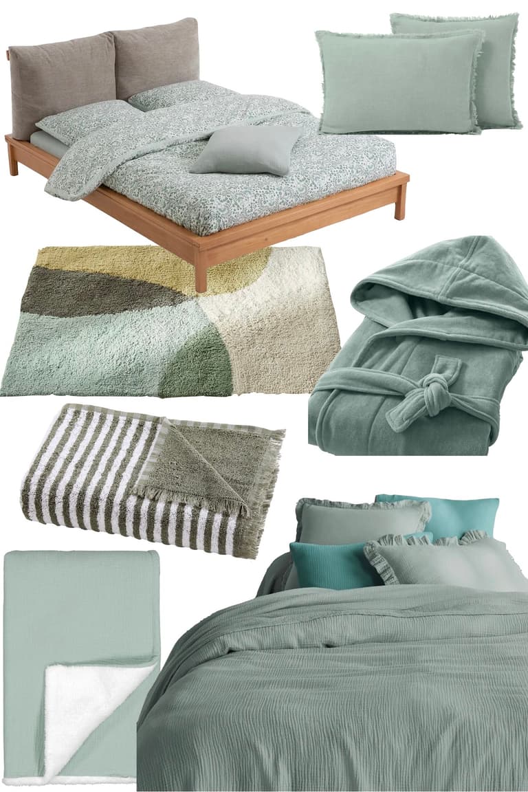 Sélection de linge de lit, serviettes et accessoires dans des tons vert céladon