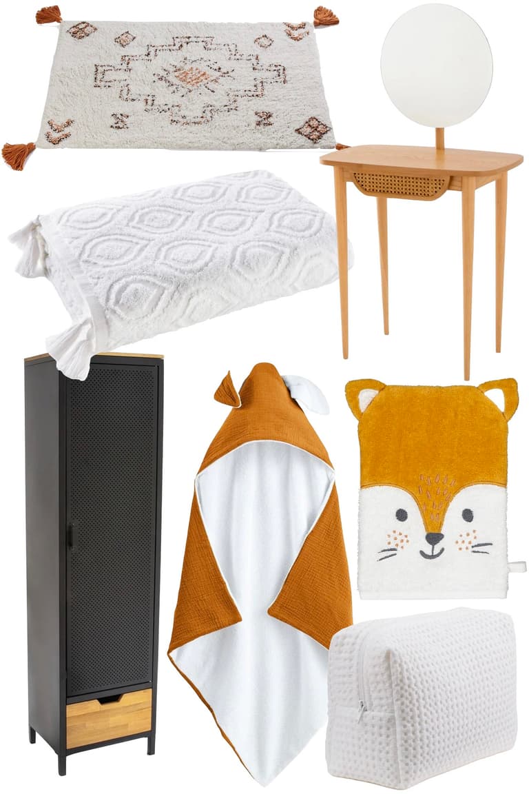 Salle de bains lumineuse avec linge de bain doux, tapis moelleux et rangements en bois