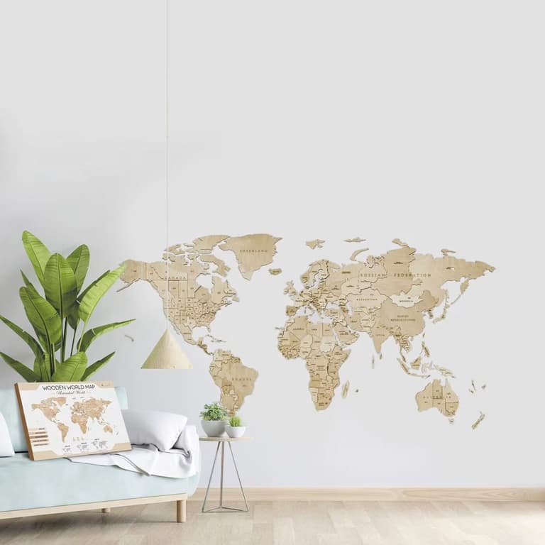 mappemonde bois 3d panoramique murale
