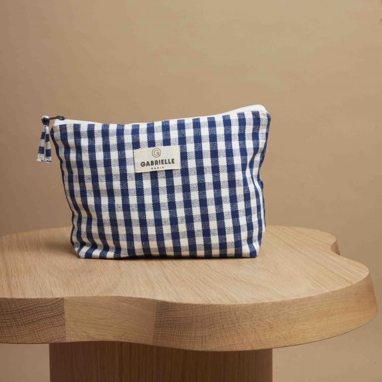 trousse de toilettes petits carreaux lin bleu blanc