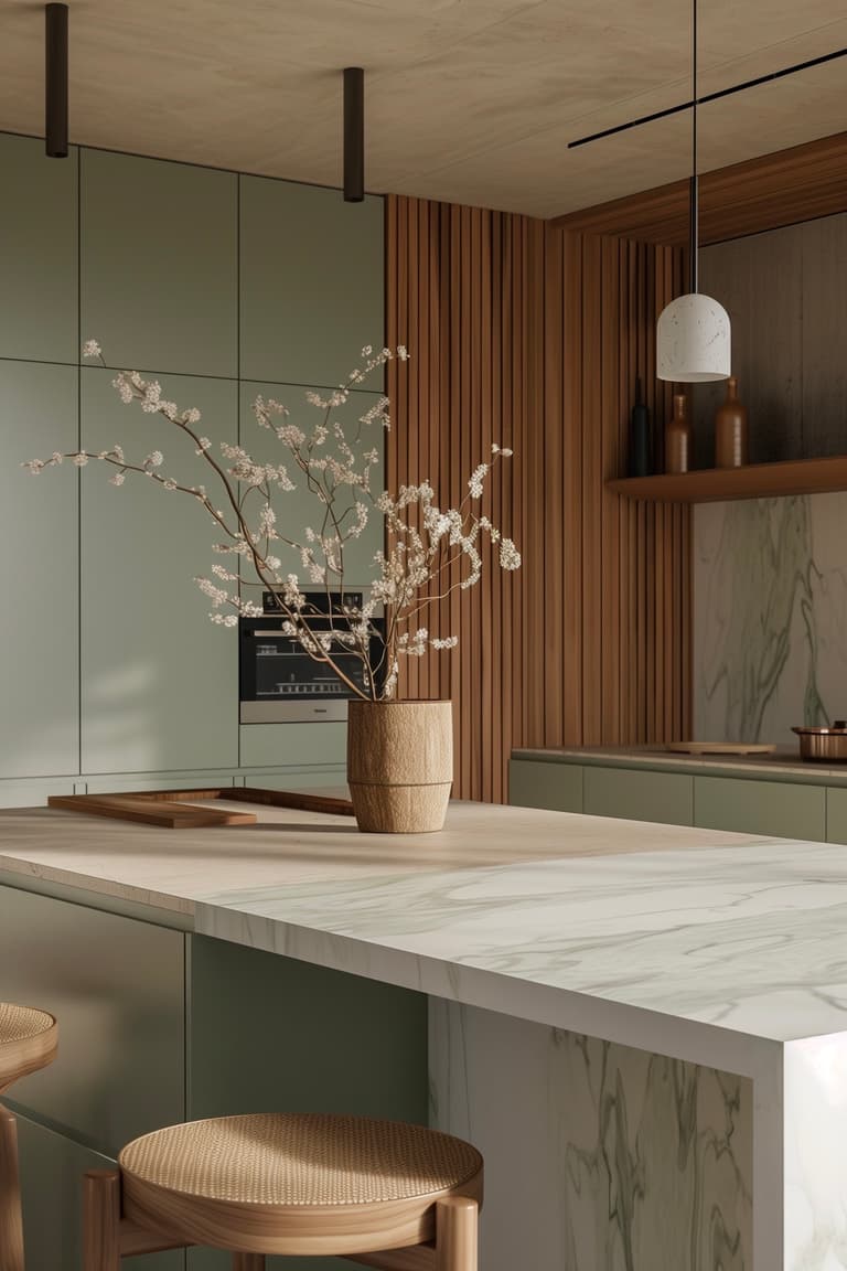 cuisine japandi vert amande bois marbre blanc