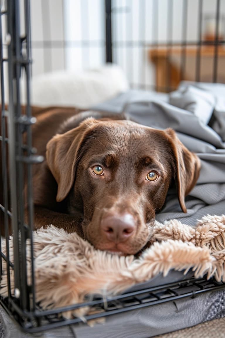 éducation chien cage métallique ouverte labrador chocolat
