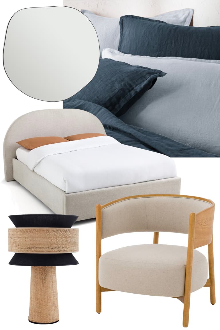Chambre avec lit coffre, linge de lit clair et miroir, sélection French Days La Redoute