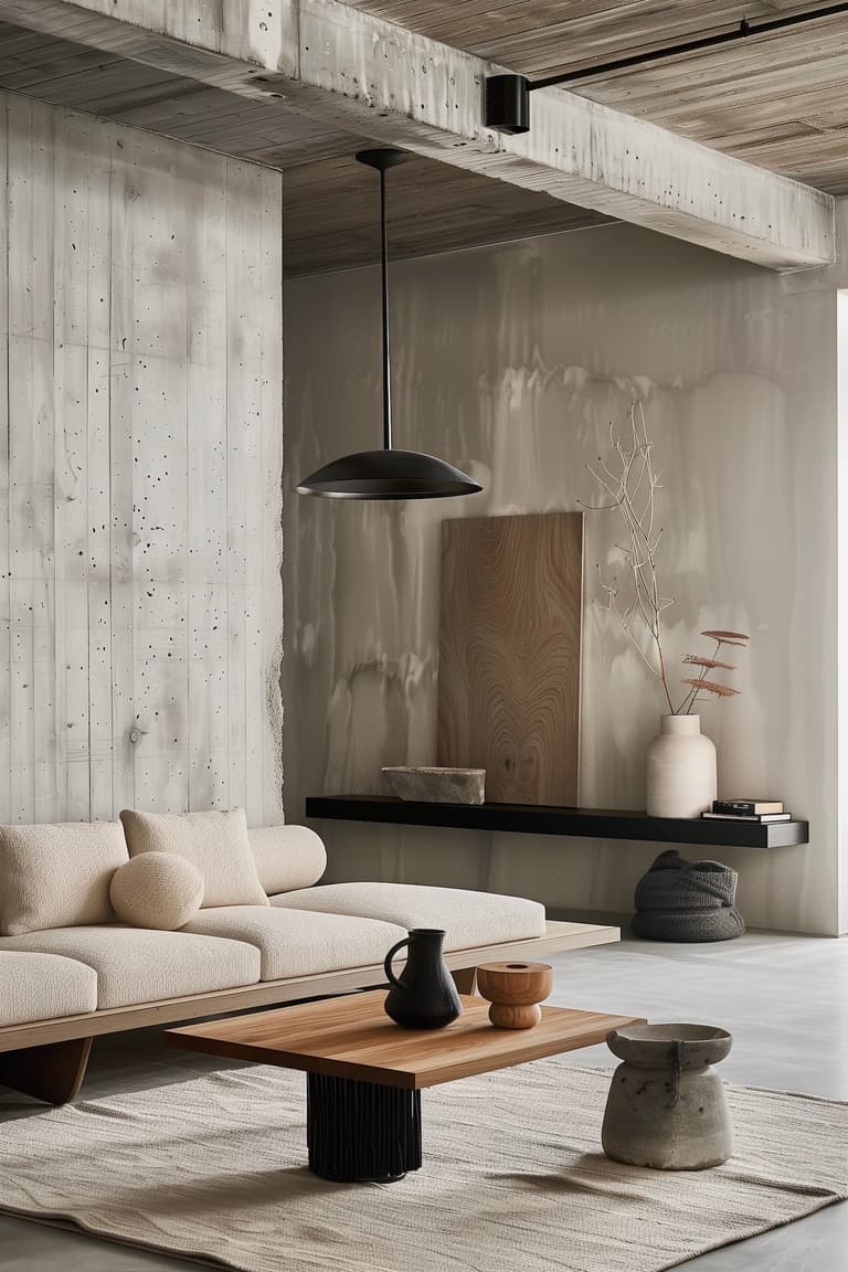 idée déco salon zen japandi cosy tons nature brut
