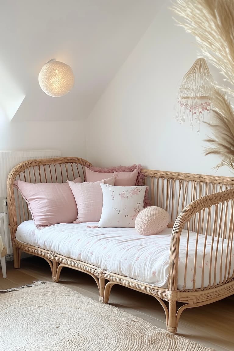 chambre enfant rose lit rotin tapis blanc parquet bois armoire blanche