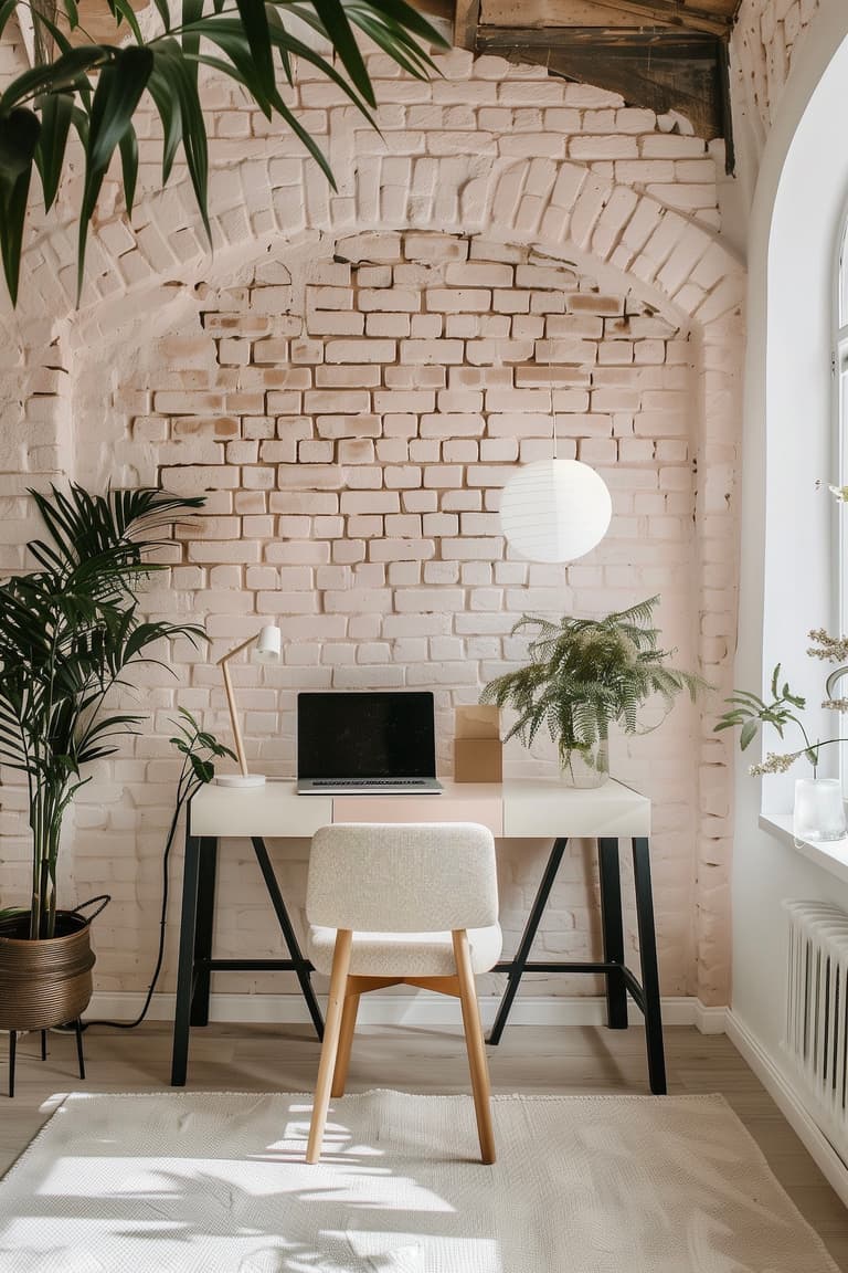 espace télétravail alcove blanche rose pale pastel