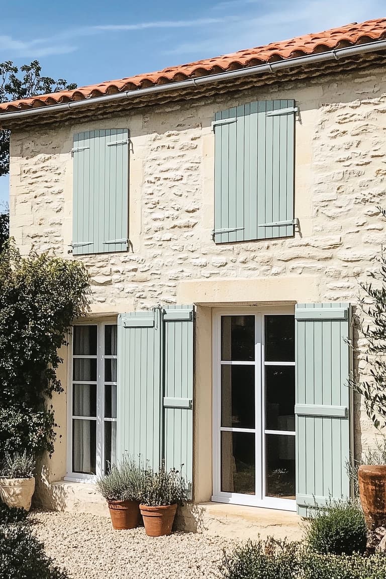 facade mur extérieure pierre volets vert gris