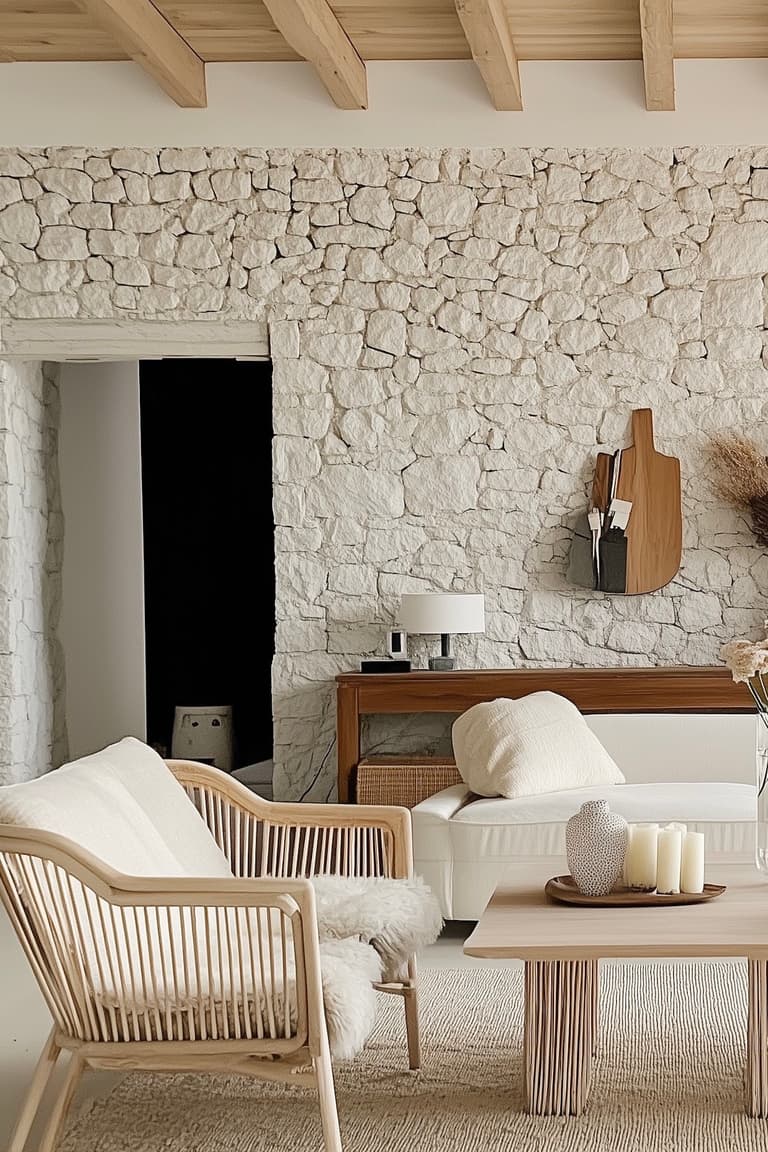 salon fauteuil bois design scandinave mur pierres blanches