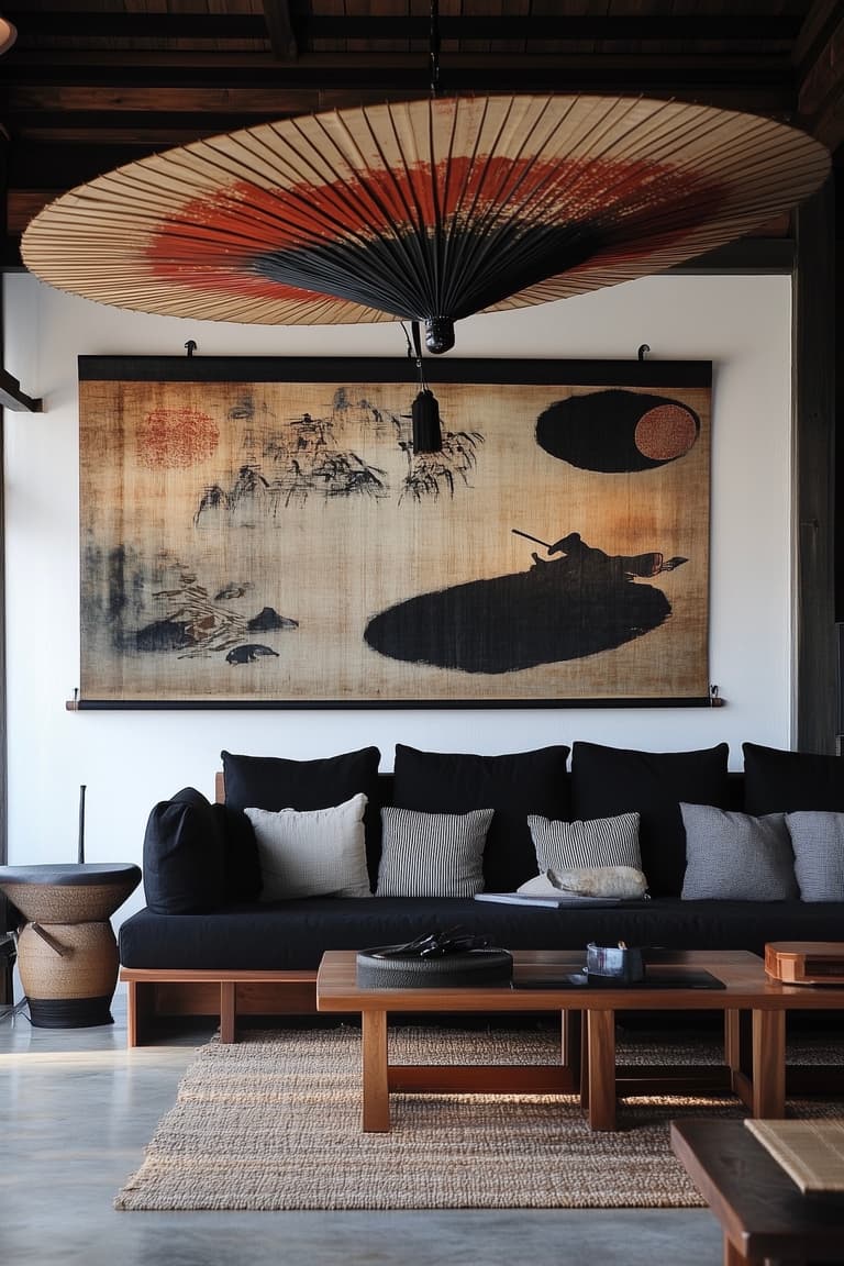 salon décoration japonaise suspension bambou washi papier sol béton