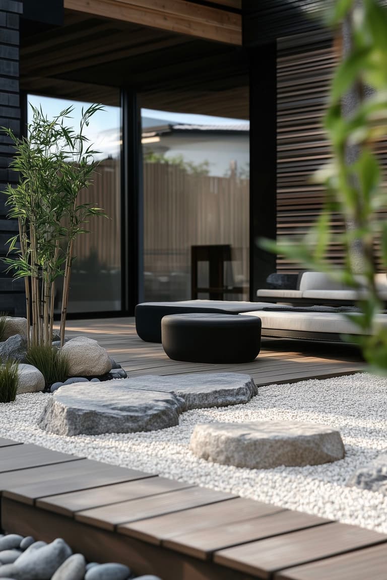idée aménagement mini jardin décoration pierres bambou