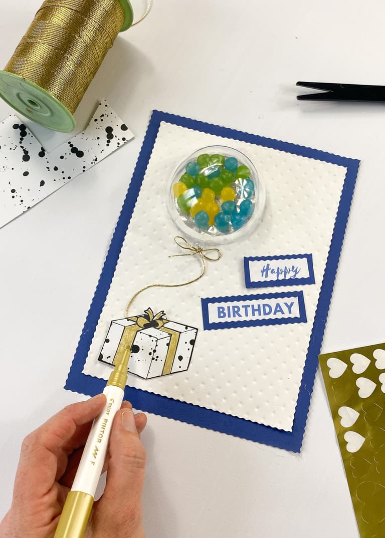 carte anniversaire bonbons bleue dorée