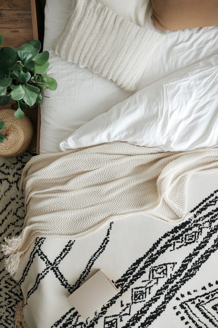 idée déco chambre lit bohème noir blanc coton laine
