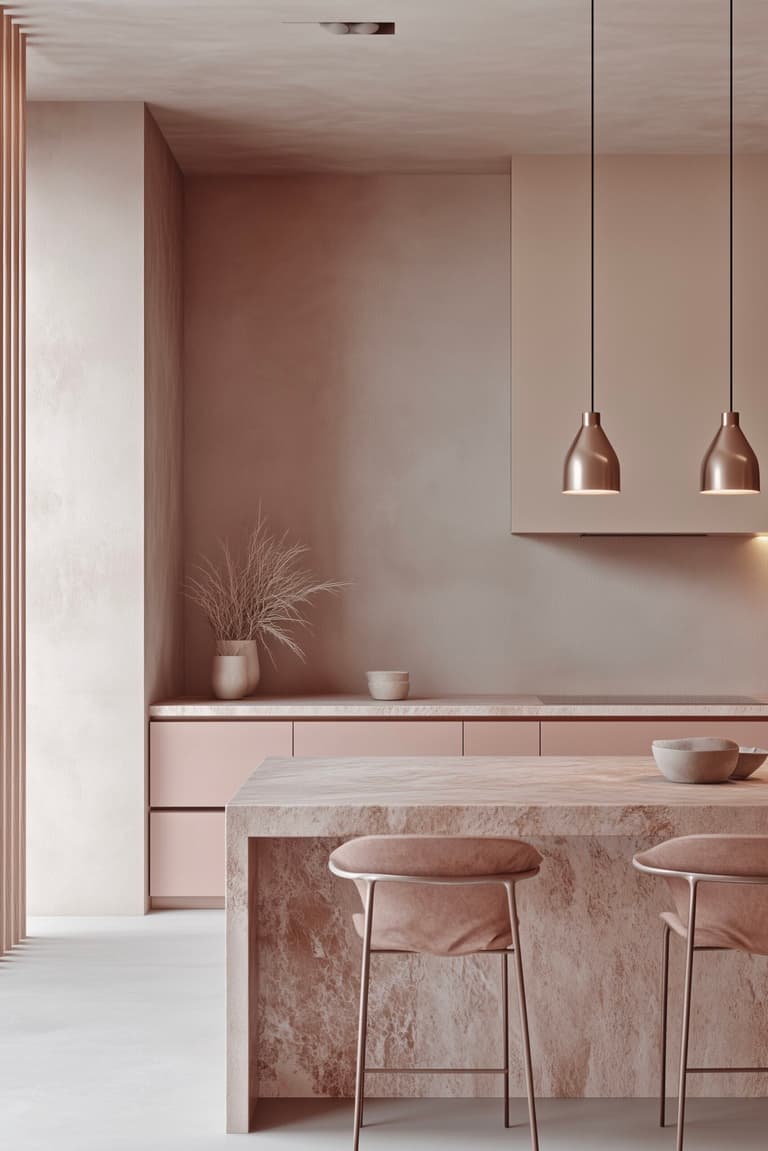 cuisine rose pastel lampe cuivre plan de travail marbre