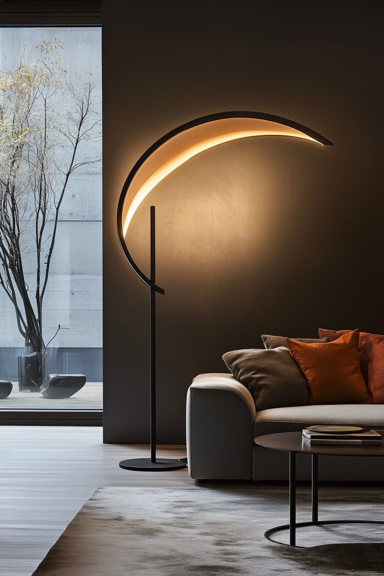 éclairage salon lampadaire demi-lune design