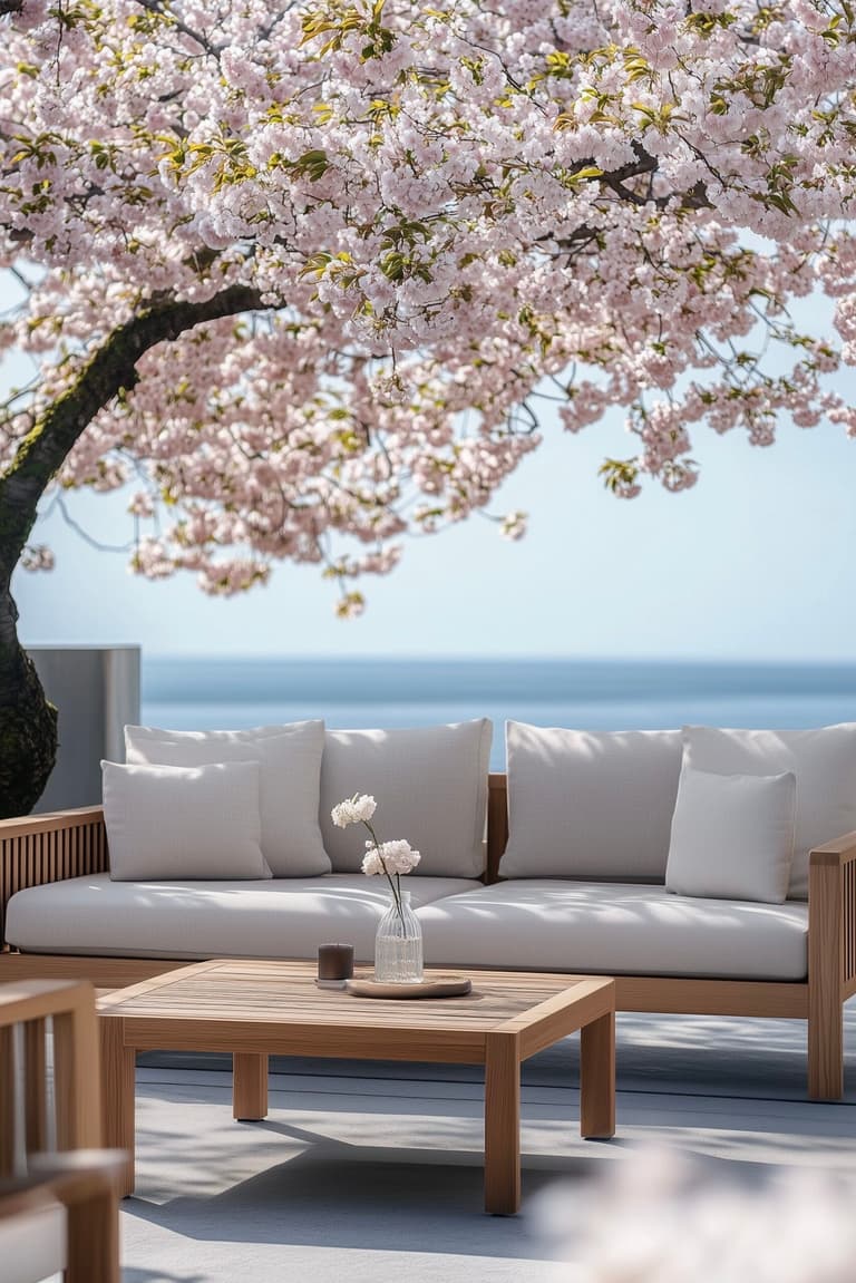 pommier fleurs roses terrasse bord de mer mobilier bois
