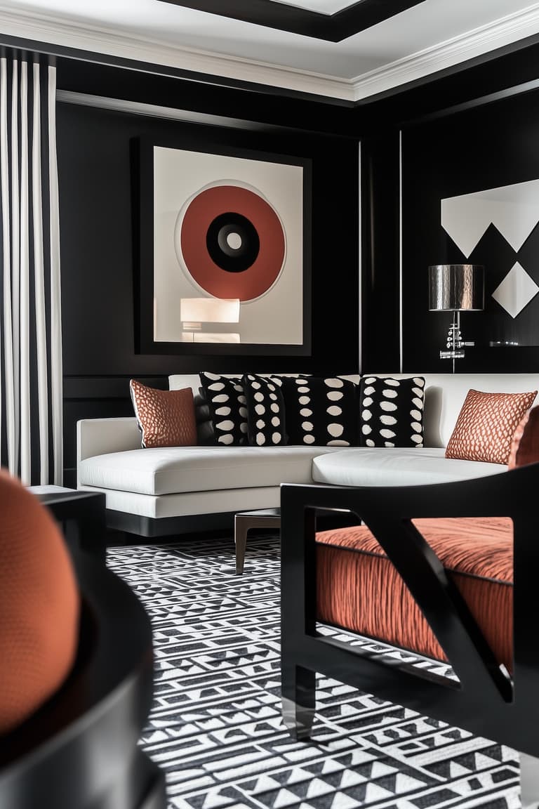 salon noir et blanc orange accents 80s 70 meuble laqué