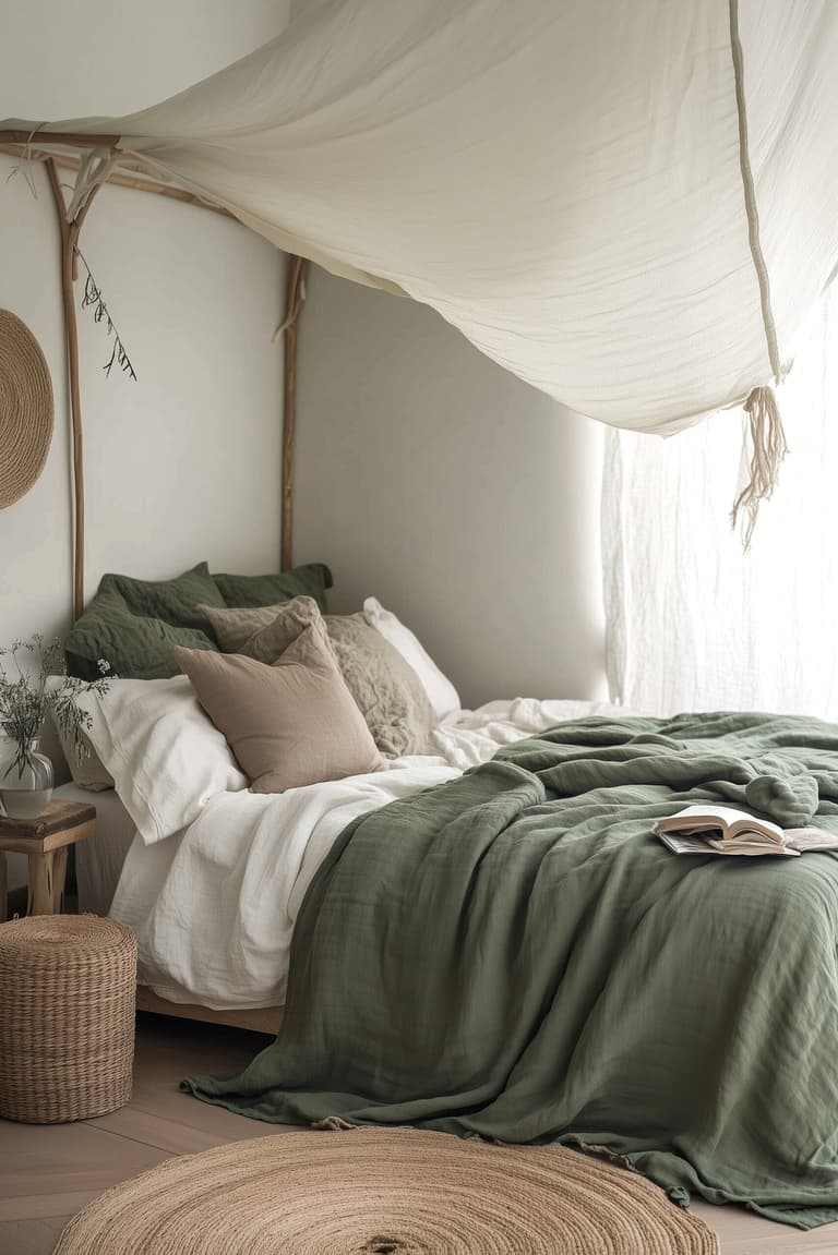 chambre parentale lit cabane kaki blanche